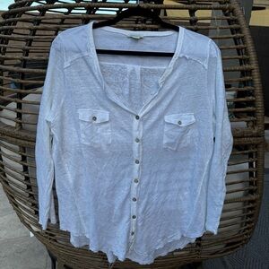 Sundance White V Neck Double Pocket Linen Button-Down Shirt Large coastal beach